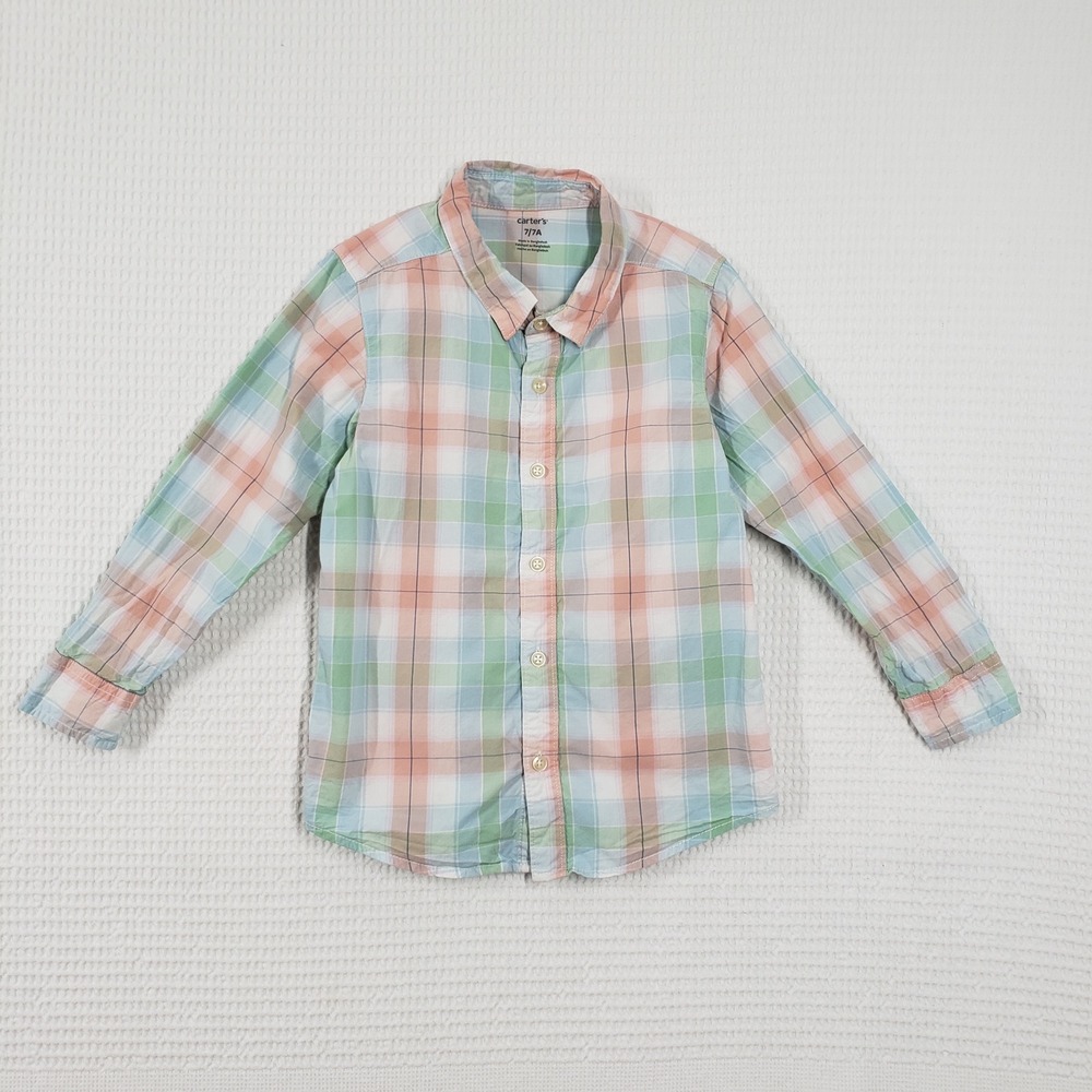Carter's Button Down Shirt Boys 7 Pink Green Pastel Plaid Long Sleeve Preppy